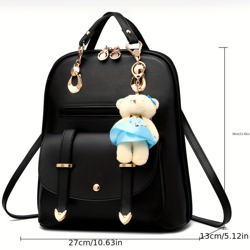 Women's Backpack with Bear Pendant, Large Capacity Casual Shoulder Bag