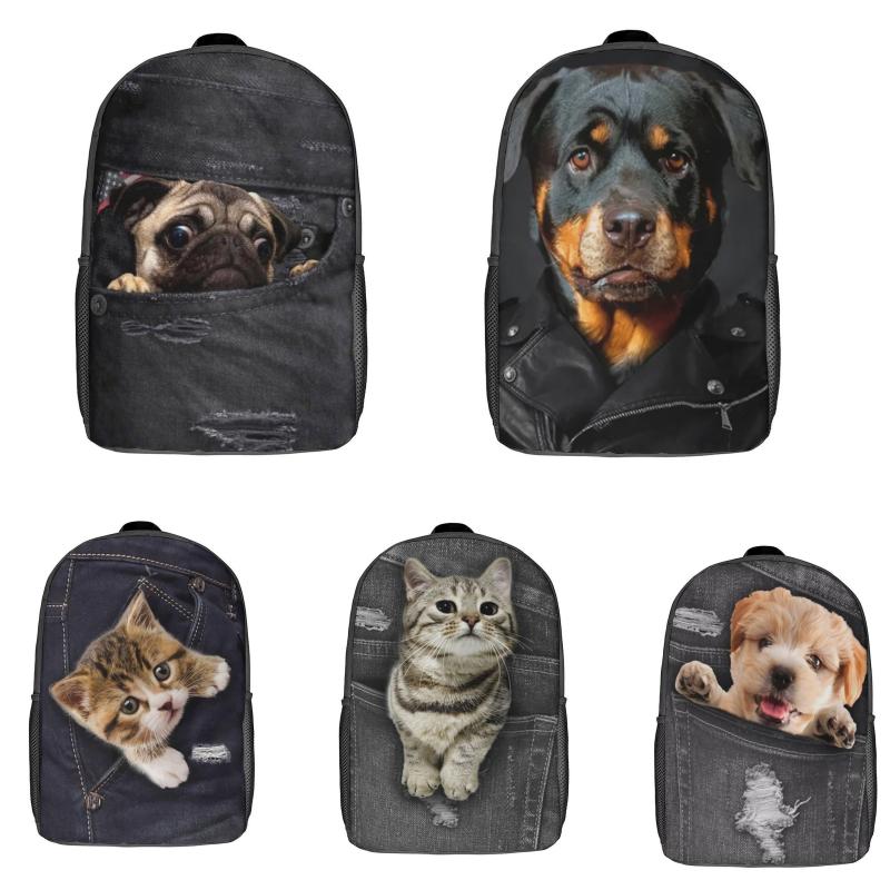 Dog Cat Denim Backpack for Boys Girls Teens Student Travel Daily
