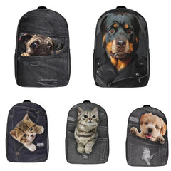 Dog Cat Denim Backpack for Boys Girls Teens Student Travel Daily