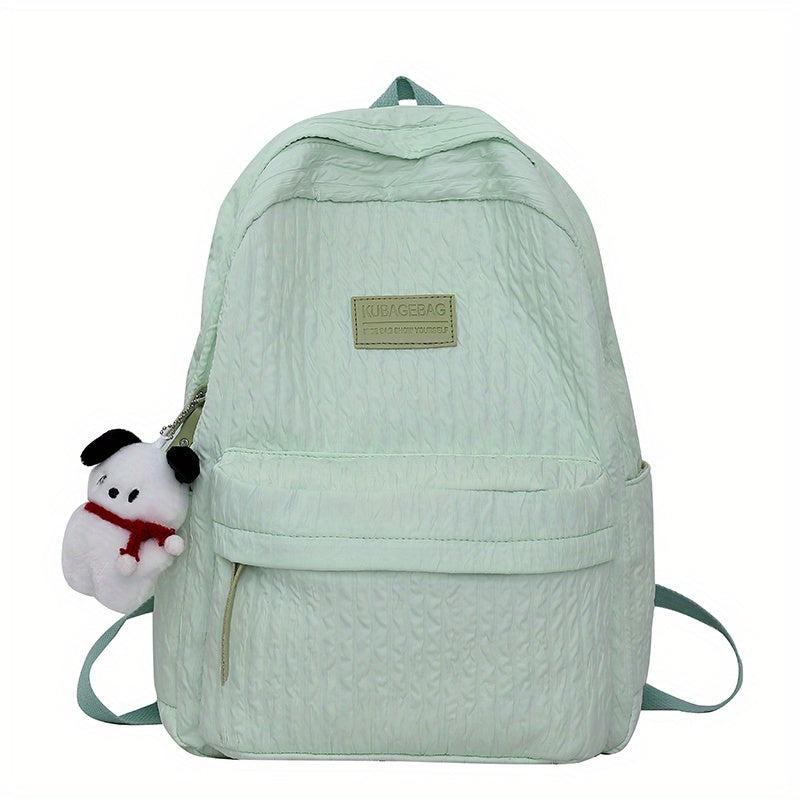 Pleated Backpack With Bear Puppy Pendant Large Capacity Travel Backpack