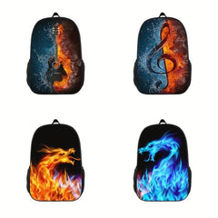 Water Fire Music Notes School Bag 3D Print Backpack