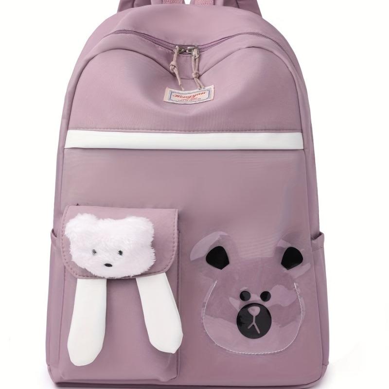 Bear Pattern Backpack With Bear Charm Student Backpack Large Capacity