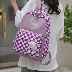 Plaid Backpack With Bear Toy Student Backpack Women's Contrast Backpack