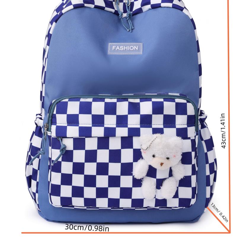 Plaid Backpack With Bear Toy Student Backpack Women's Contrast Backpack