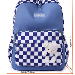 Plaid Backpack With Bear Toy Student Backpack Women's Contrast Backpack