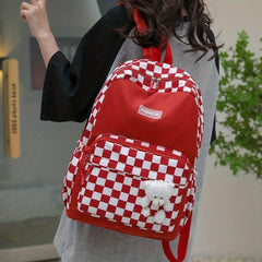 Plaid Backpack With Bear Toy Student Backpack Women's Contrast Backpack
