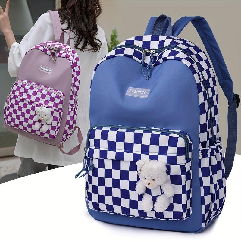 Plaid Backpack With Bear Toy Student Backpack Women's Contrast Backpack