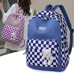 Plaid Backpack With Bear Toy Student Backpack Women's Contrast Backpack