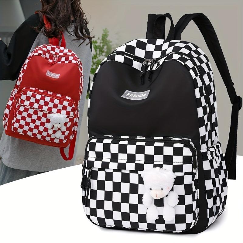 Plaid Backpack With Bear Toy Student Backpack Women's Contrast Backpack