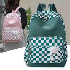 Plaid Backpack With Bear Toy Student Backpack Women's Contrast Backpack