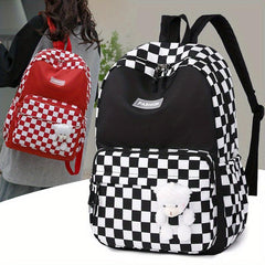 Plaid Backpack With Bear Toy Student Backpack Women's Contrast Backpack