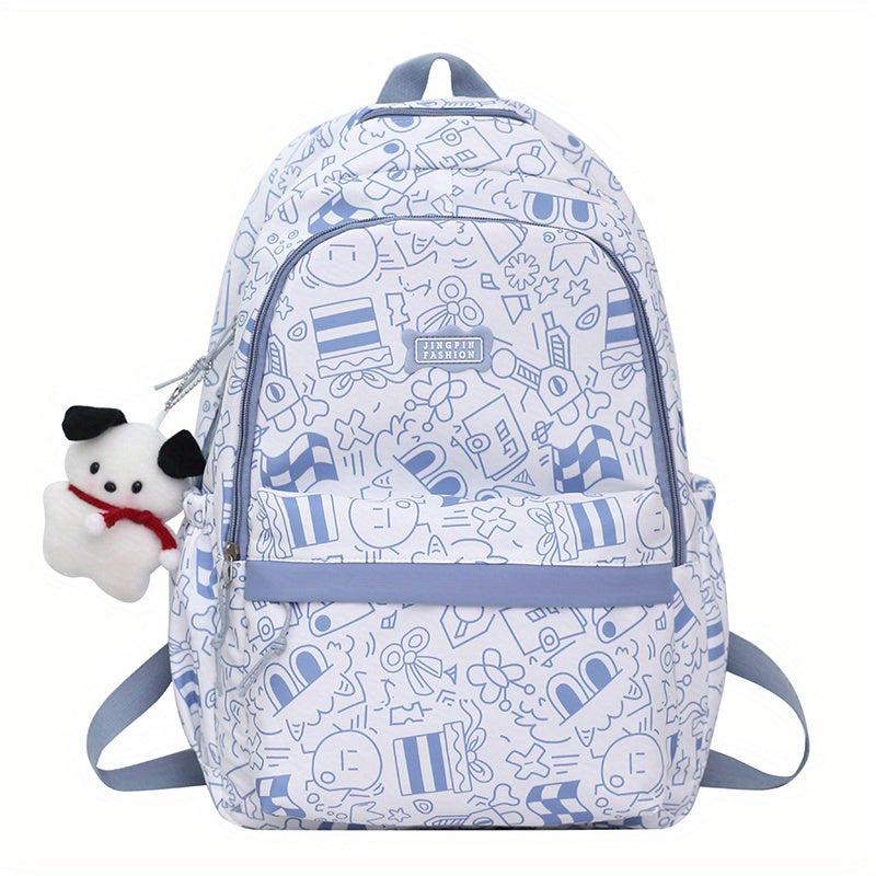Preppy Style Printed Backpack w/ Puppy Pendant Large Capacity Travel Bag