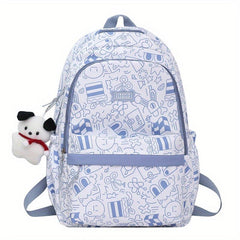 Preppy Style Printed Backpack w/ Puppy Pendant Large Capacity Travel Bag