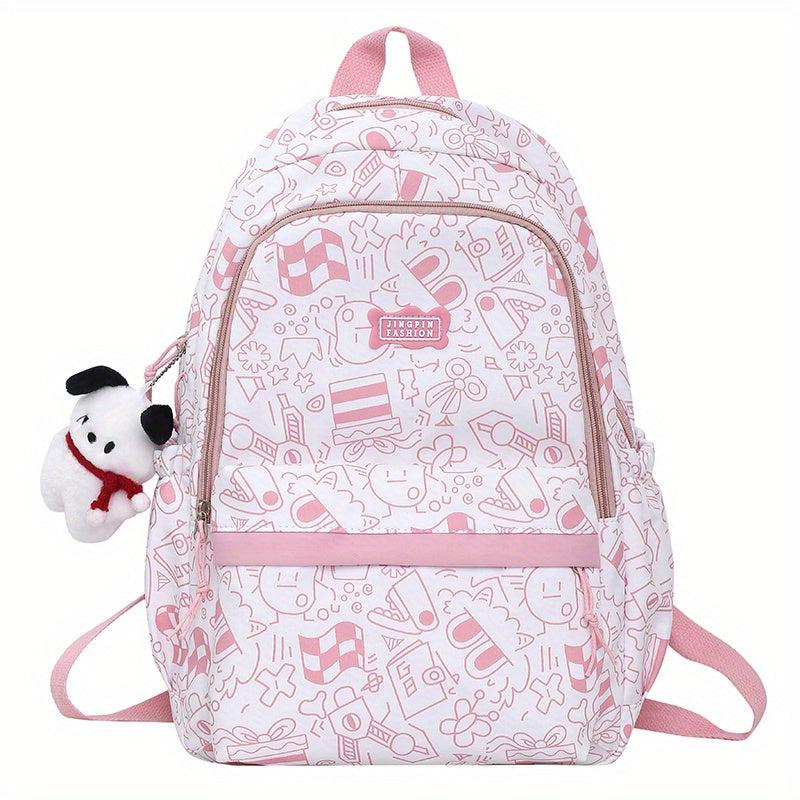 Preppy Style Printed Backpack w/ Puppy Pendant Large Capacity Travel Bag