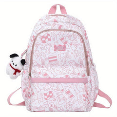 Preppy Style Printed Backpack w/ Puppy Pendant Large Capacity Travel Bag