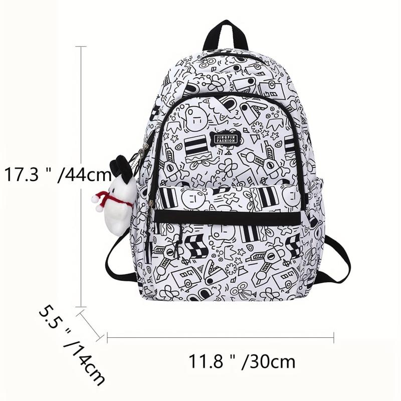 Preppy Style Printed Backpack w/ Puppy Pendant Large Capacity Travel Bag