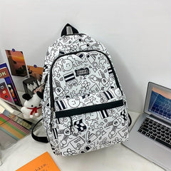 Preppy Style Printed Backpack w/ Puppy Pendant Large Capacity Travel Bag