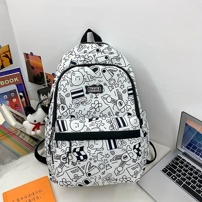 Preppy Style Printed Backpack w/ Puppy Pendant Large Capacity Travel Bag