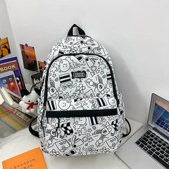 Preppy Style Printed Backpack w/ Puppy Pendant Large Capacity Travel Bag