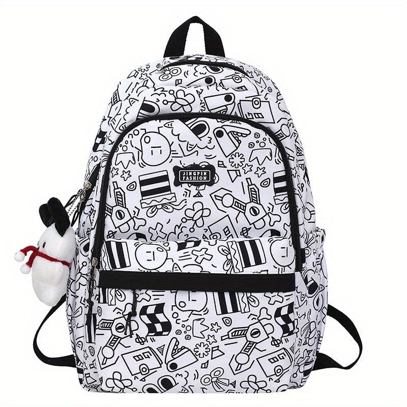 Preppy Style Printed Backpack w/ Puppy Pendant Large Capacity Travel Bag
