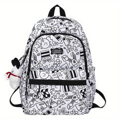 Preppy Style Printed Backpack w/ Puppy Pendant Large Capacity Travel Bag
