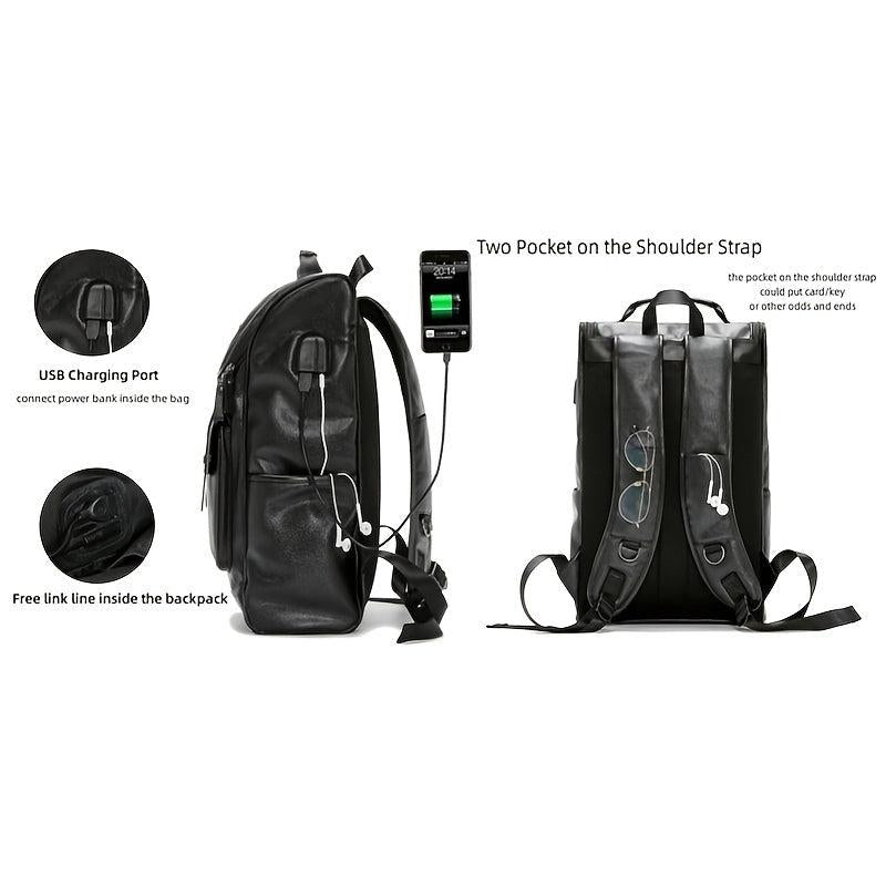 Vintage PU Leather Backpack USB Charging Port Waterproof Travel School Bag