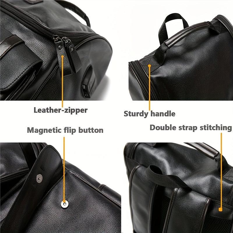 Vintage PU Leather Backpack USB Charging Port Waterproof Travel School Bag
