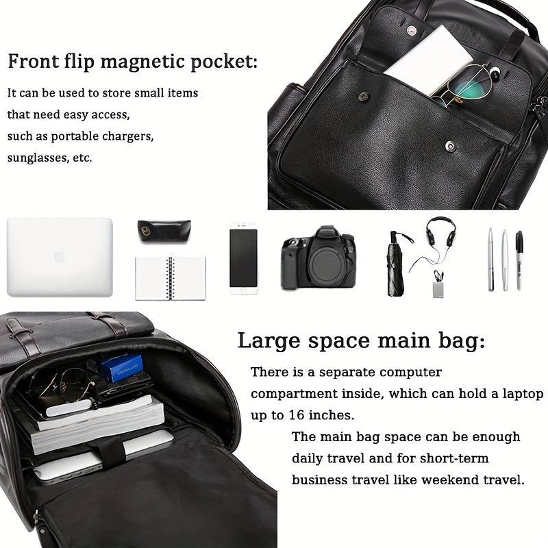 Vintage PU Leather Backpack USB Charging Port Waterproof Travel School Bag