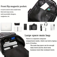 Vintage PU Leather Backpack USB Charging Port Waterproof Travel School Bag