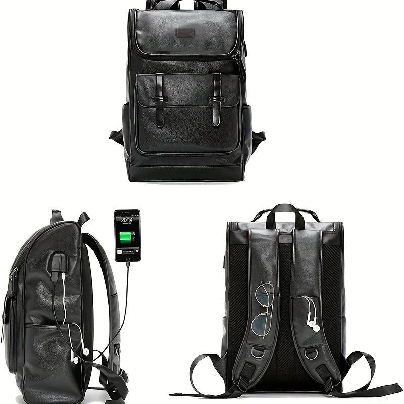 Vintage PU Leather Backpack USB Charging Port Waterproof Travel School Bag