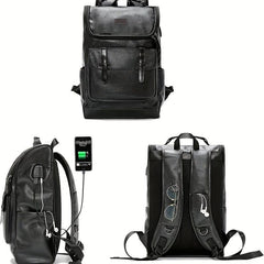 Vintage PU Leather Backpack USB Charging Port Waterproof Travel School Bag