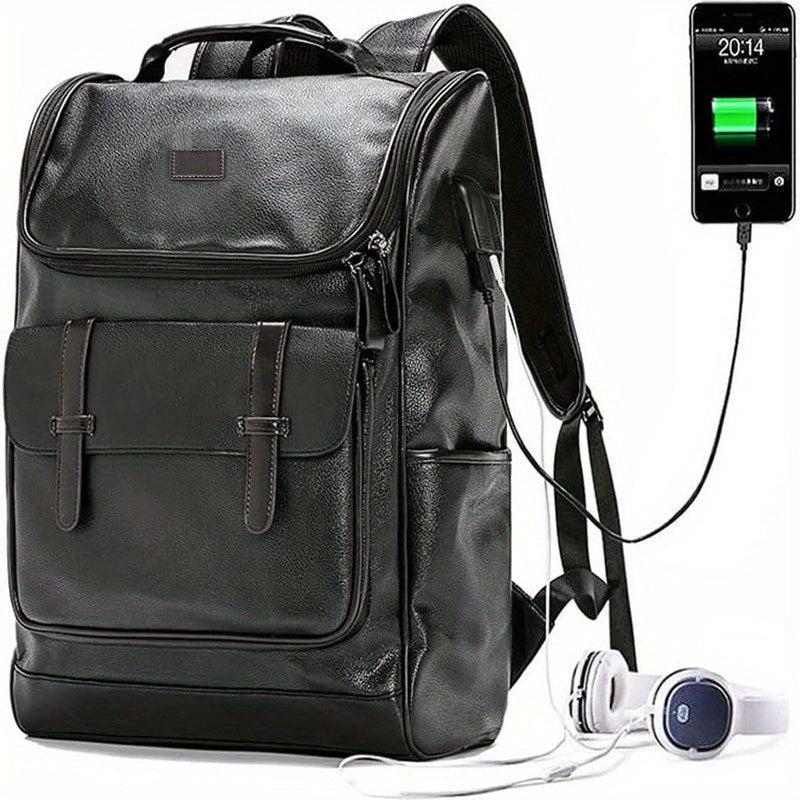 Vintage PU Leather Backpack USB Charging Port Waterproof Travel School Bag