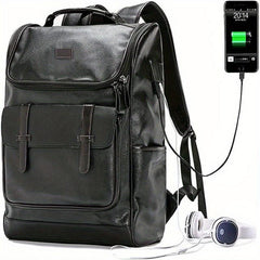 Vintage PU Leather Backpack USB Charging Port Waterproof Travel School Bag