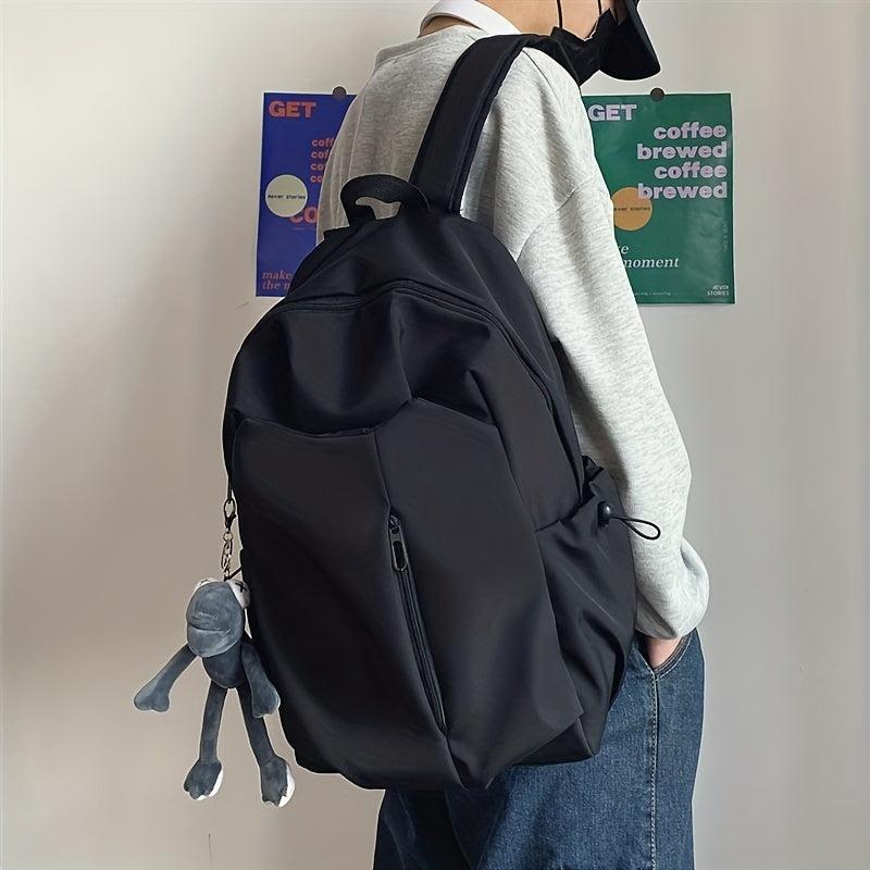Solid Backpack with Flog Pendant for Students Work and Commuting