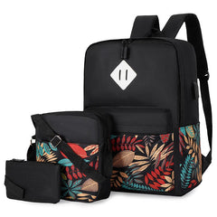 3pcs Leaves Pattern Printed Backpack With Crossbody Bag And Handbag Set