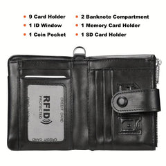 Men's Leather Chain Wallet Bifold RFID Blocking Credit Card Holder