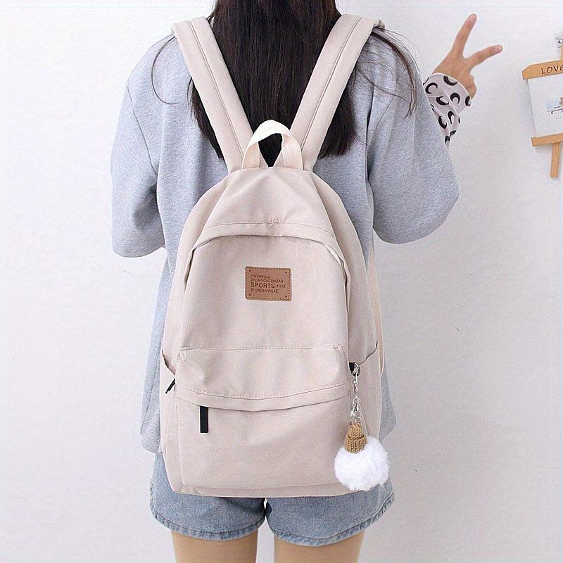 Casual Backpack with Fur Ball Pendant - Student School Bag