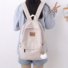 Casual Backpack with Fur Ball Pendant - Student School Bag