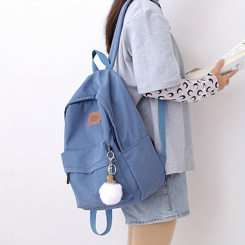 Casual Backpack with Fur Ball Pendant - Student School Bag