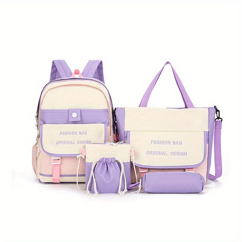 5pcs Preppy Style School Bag Set with Tote Bag & Crossbody Bag & Pen Bag