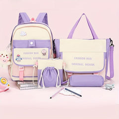 5pcs Preppy Style School Bag Set with Tote Bag & Crossbody Bag & Pen Bag