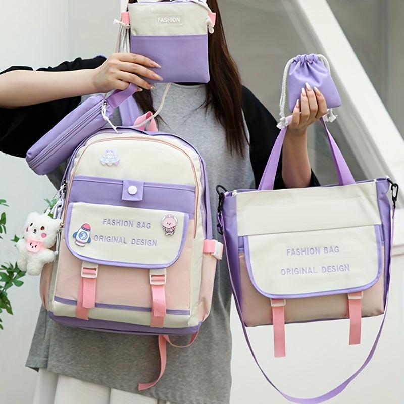 5pcs Preppy Style School Bag Set with Tote Bag & Crossbody Bag & Pen Bag