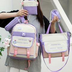 5pcs Preppy Style School Bag Set with Tote Bag & Crossbody Bag & Pen Bag