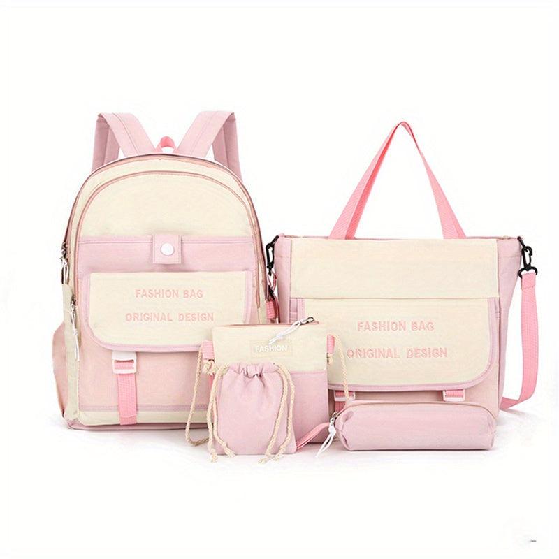 5pcs Preppy Style School Bag Set with Tote Bag & Crossbody Bag & Pen Bag