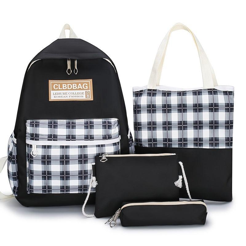 Canvas Plaid Backpack 4PCS Set