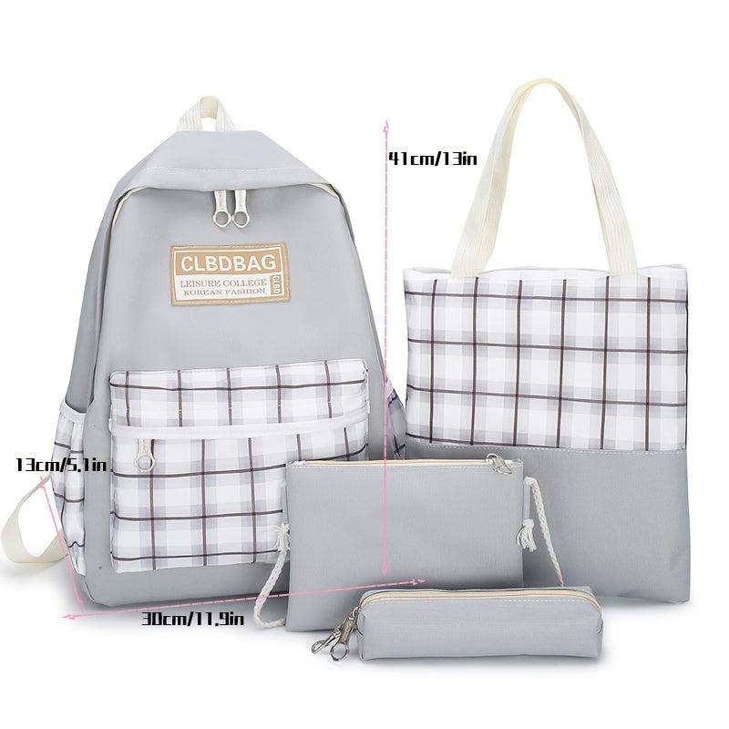 Canvas Plaid Backpack 4PCS Set