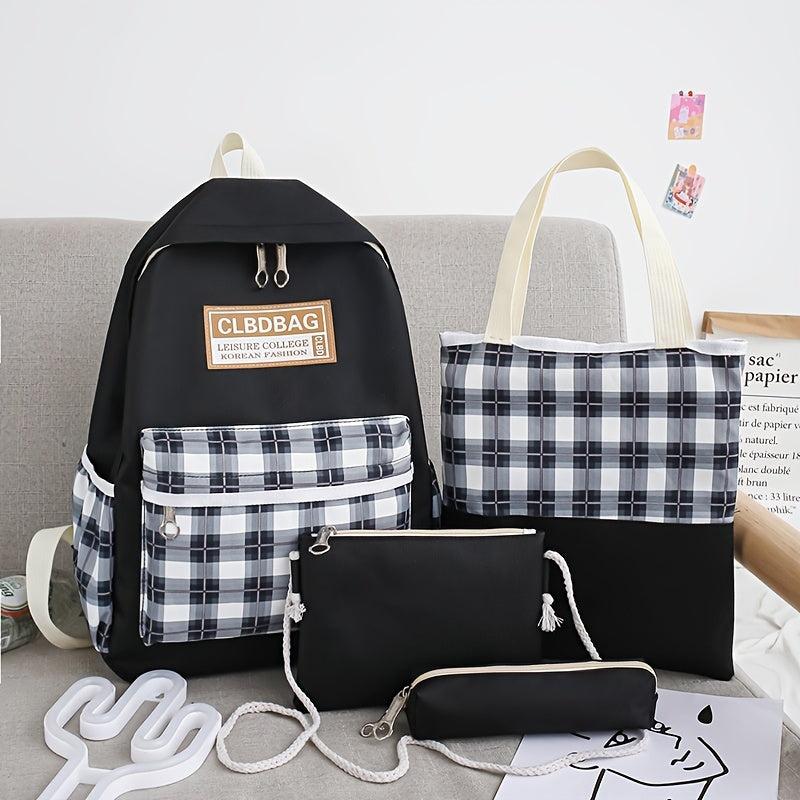 Canvas Plaid Backpack 4PCS Set
