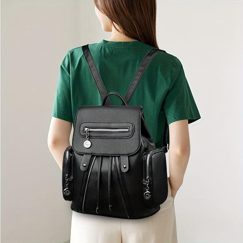 Solid Flap Backpack Versatile PU Leather Small Bag For Daily Use