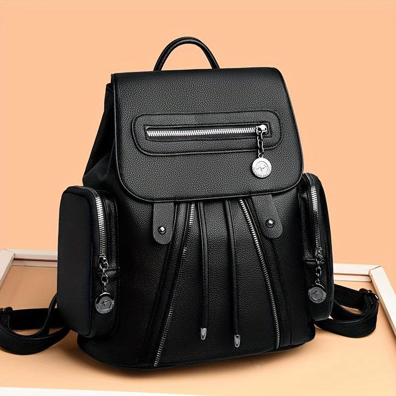 Solid Flap Backpack Versatile PU Leather Small Bag For Daily Use