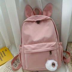 Rabbit Ears Backpack With Plush Pig Pendant Double Shoulder Bag